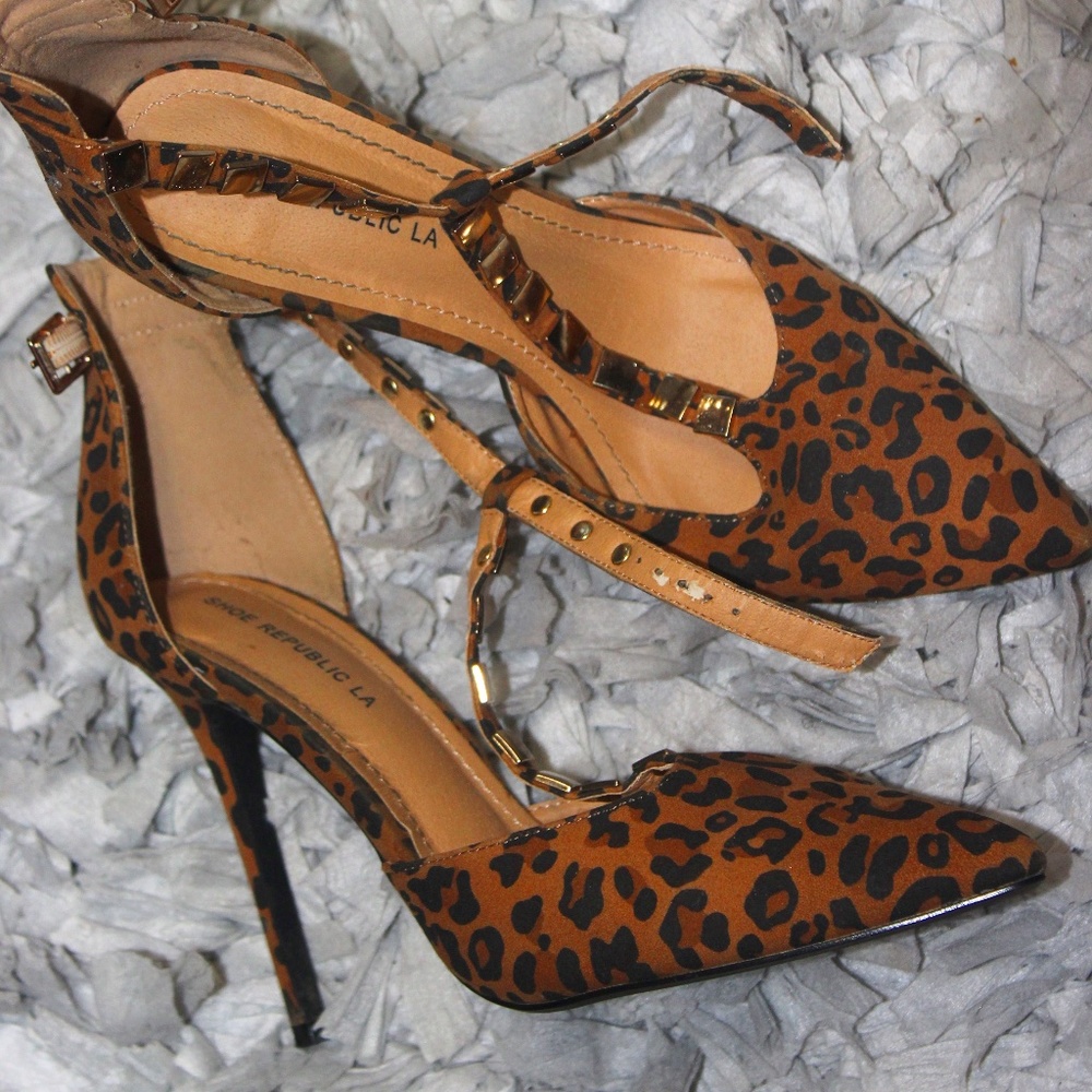 Shoe Republic LA Leopard Print T-strap stilettos